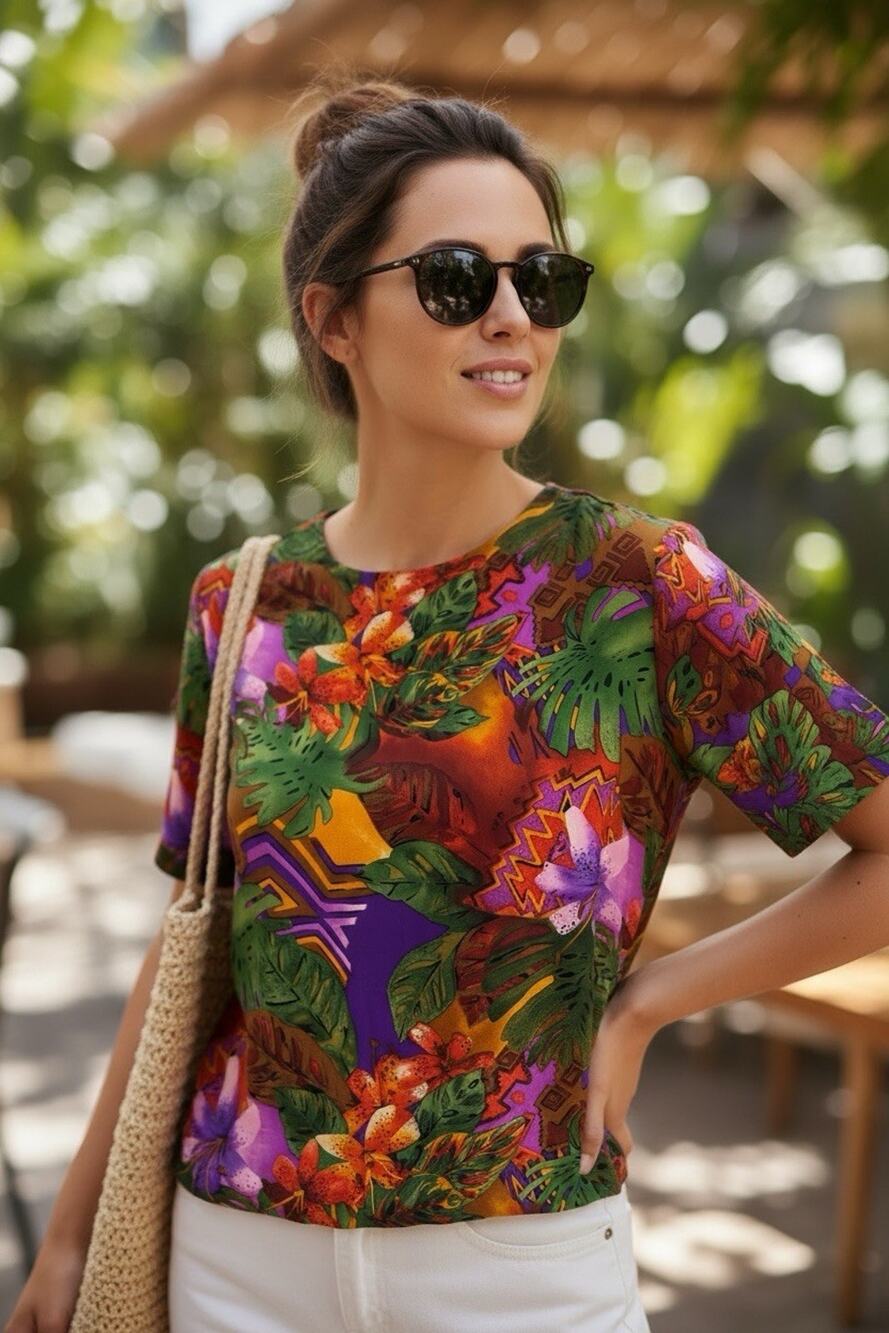 Vintage Pat Argenti 100% Pure Silk Floral Top Short Sleeve Size M Summer Spring